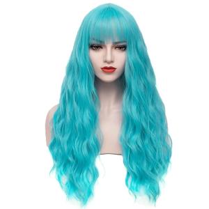 Long Blonde Wig with Bangs Long Curly Wavy Blonde Wigs for Women Mixed Blonde Synthetic Wig (Mixed Blonde)(Sky Blue)