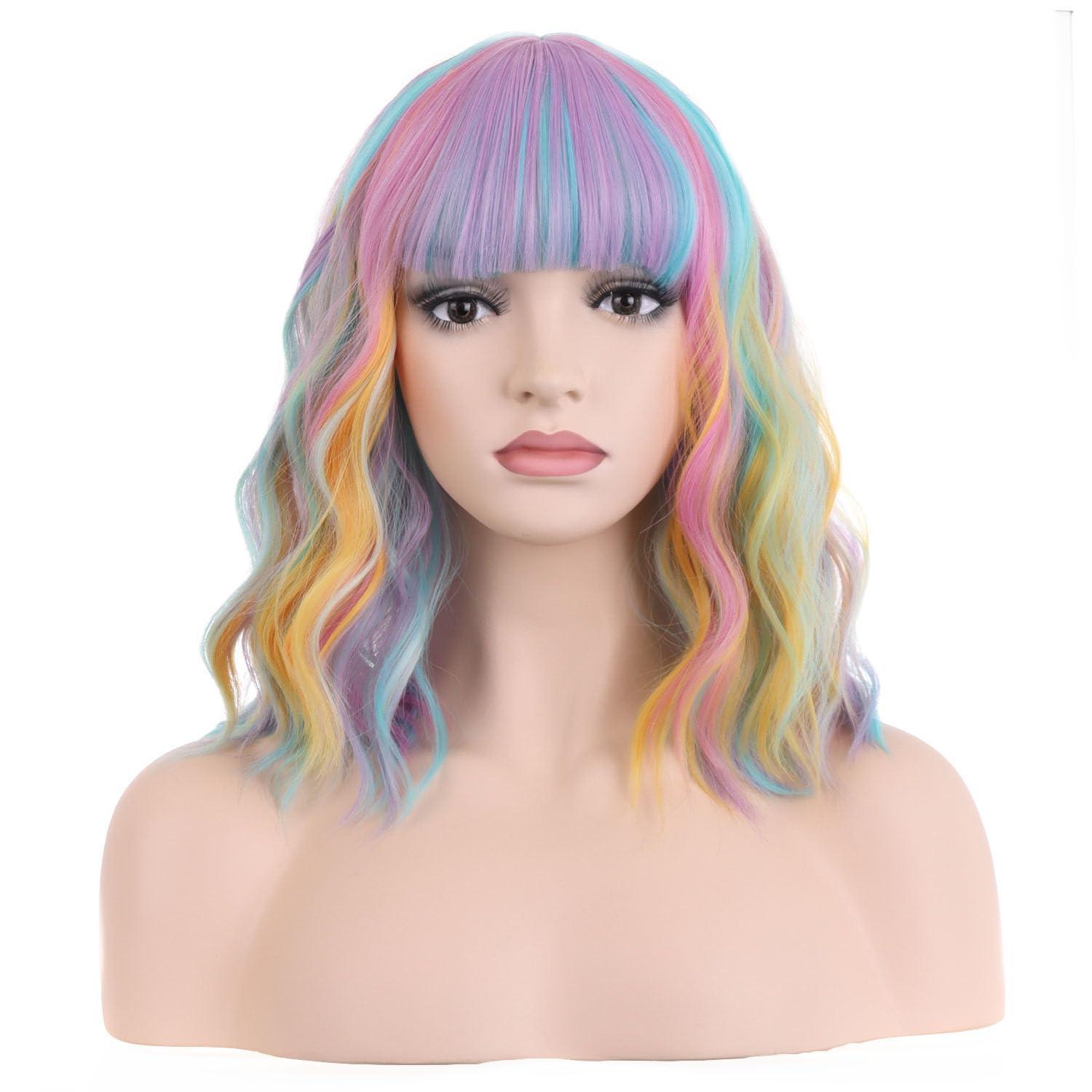 image14 Inches Rainbow Wig Short Wavy Pastel Wig with Bangs Multi Color Wigs for Women Girls Heat Resistant Synthetic Cosplay Costume WigsColorful