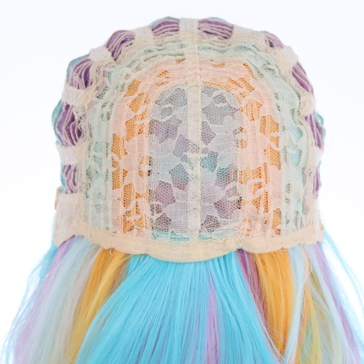 image14 Inches Rainbow Wig Short Wavy Pastel Wig with Bangs Multi Color Wigs for Women Girls Heat Resistant Synthetic Cosplay Costume WigsColorful