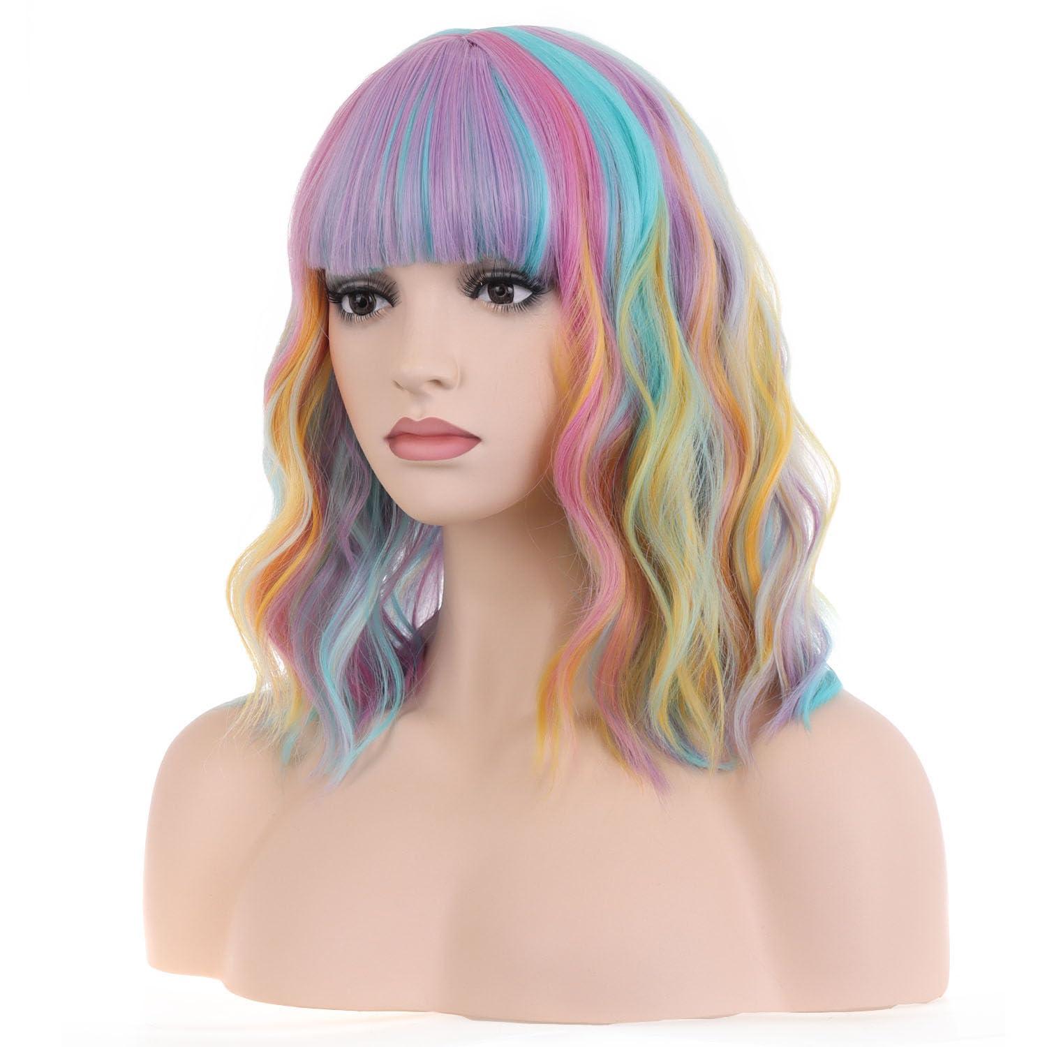 image14 Inches Rainbow Wig Short Wavy Pastel Wig with Bangs Multi Color Wigs for Women Girls Heat Resistant Synthetic Cosplay Costume WigsColorful