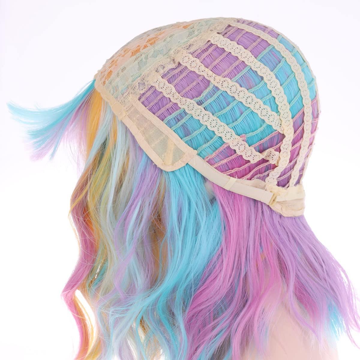 image14 Inches Rainbow Wig Short Wavy Pastel Wig with Bangs Multi Color Wigs for Women Girls Heat Resistant Synthetic Cosplay Costume WigsColorful