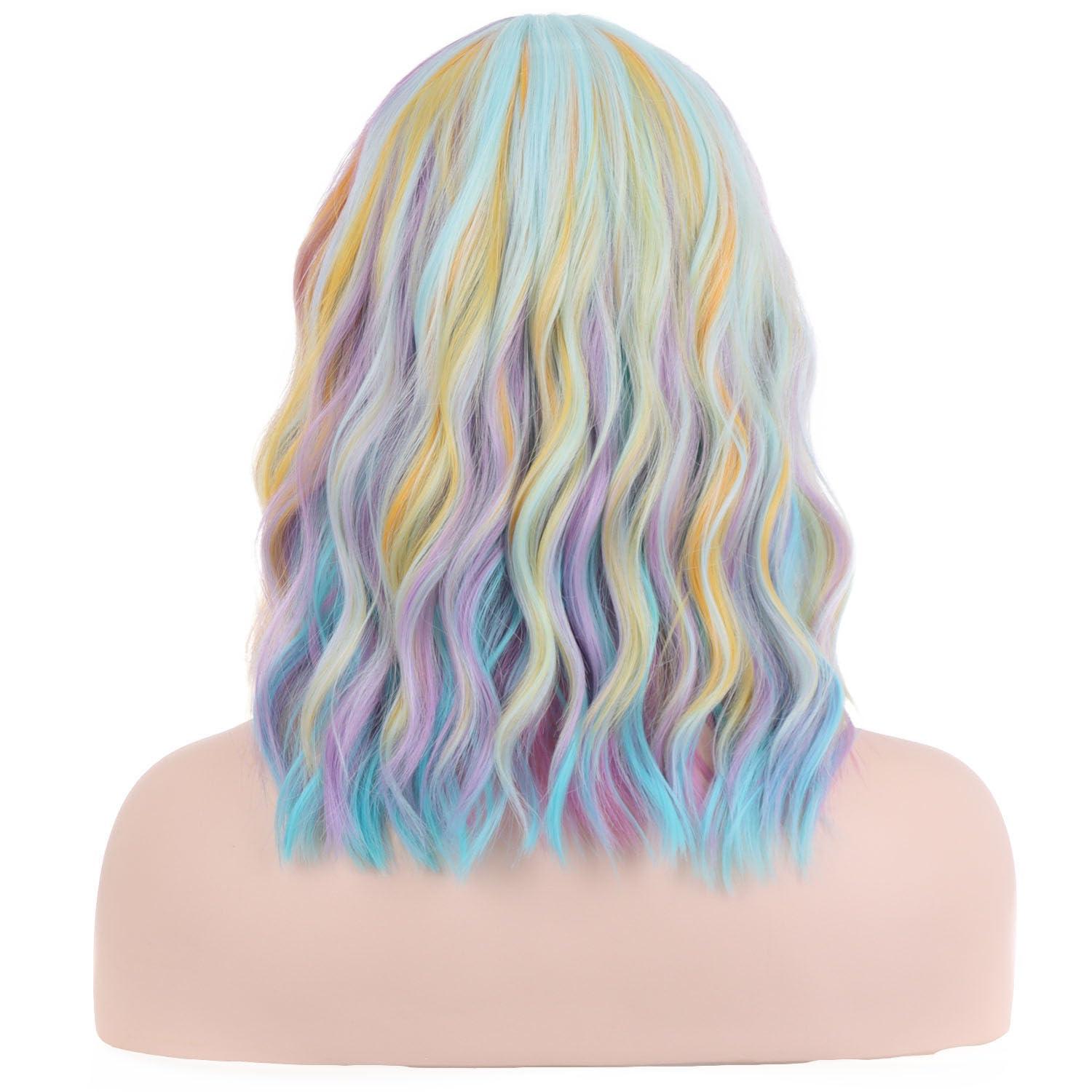 image14 Inches Rainbow Wig Short Wavy Pastel Wig with Bangs Multi Color Wigs for Women Girls Heat Resistant Synthetic Cosplay Costume WigsColorful