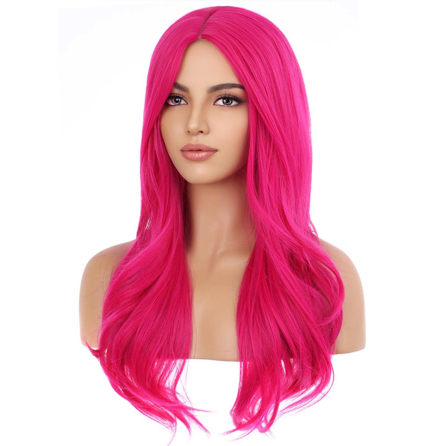 image27 Inches Blonde Wig Long Wavy Ash Blonde Wig for Women Girls Milddle Part Curly Wigs Heat Resistant Synthetic Cosplay WigsHot Pink