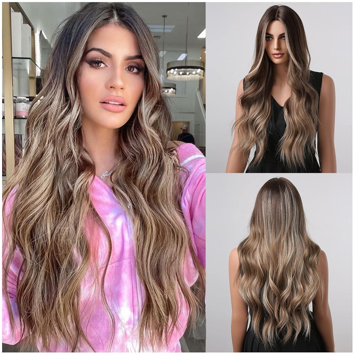 image27 Inches Blonde Wig Long Wavy Ash Blonde Wig for Women Girls Milddle Part Curly Wigs Heat Resistant Synthetic Cosplay WigsOmbre Brown Blonde