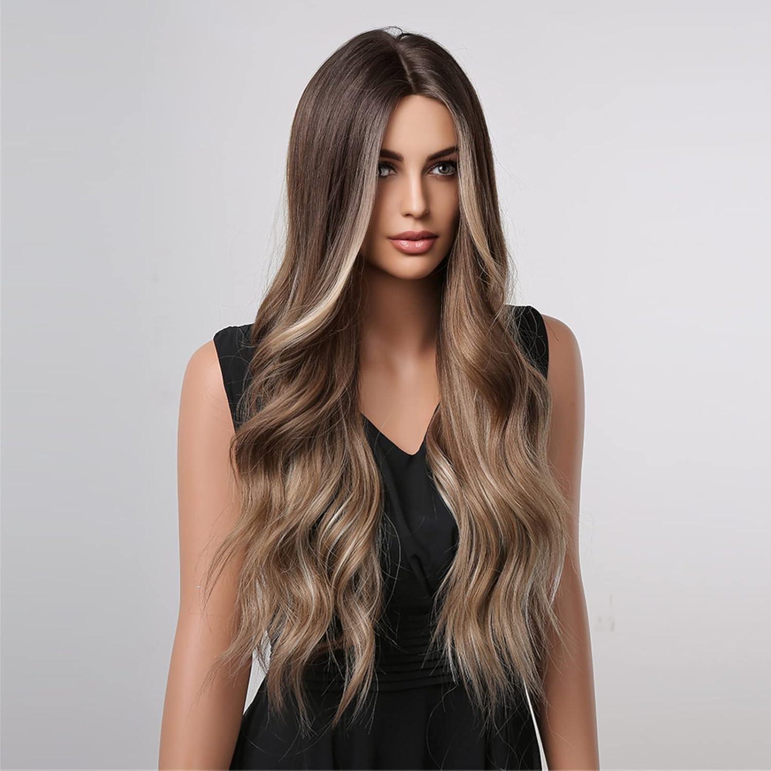 image27 Inches Blonde Wig Long Wavy Ash Blonde Wig for Women Girls Milddle Part Curly Wigs Heat Resistant Synthetic Cosplay WigsOmbre Brown Blonde