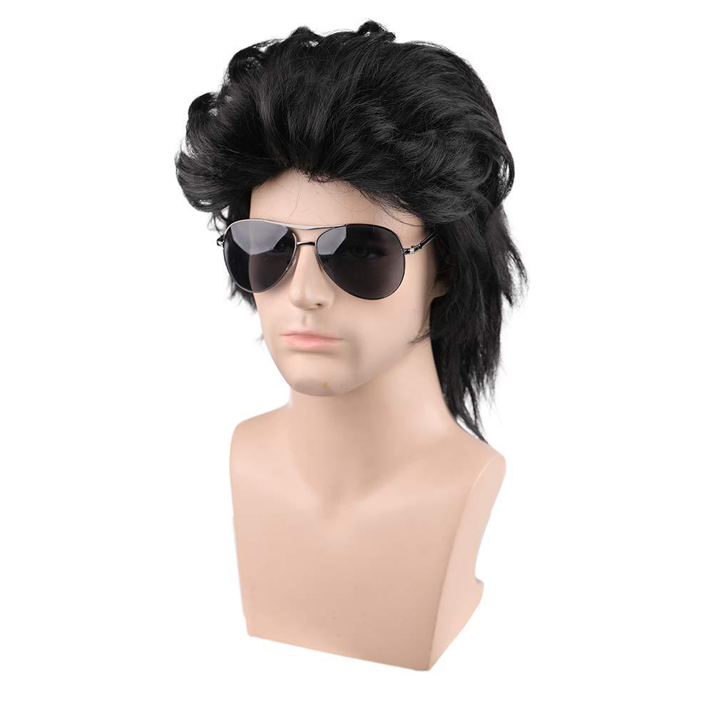 image80s Brown Male Wig Mens Mullet Punk Rocker Light Brown Curly Wig Cosplay Halloween Synthetic HairBlack