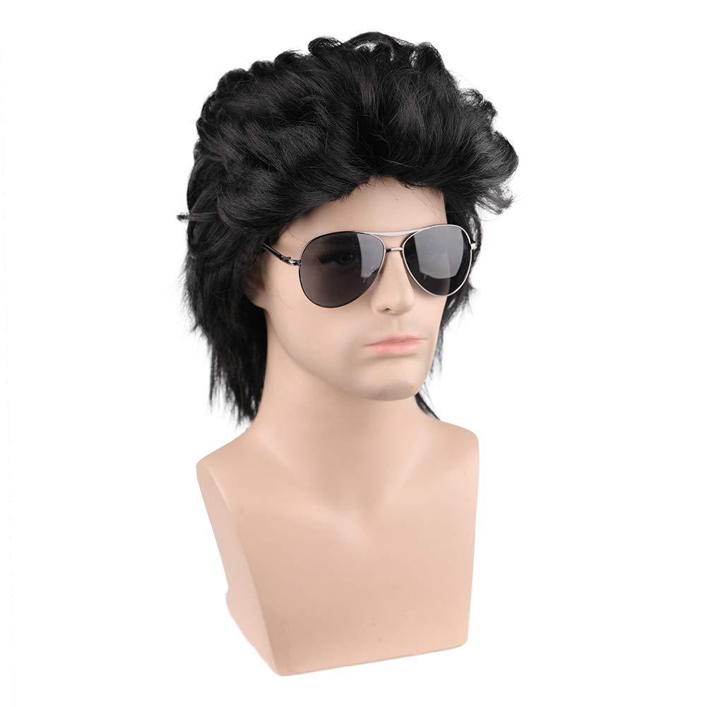 image80s Brown Male Wig Mens Mullet Punk Rocker Light Brown Curly Wig Cosplay Halloween Synthetic HairBlack