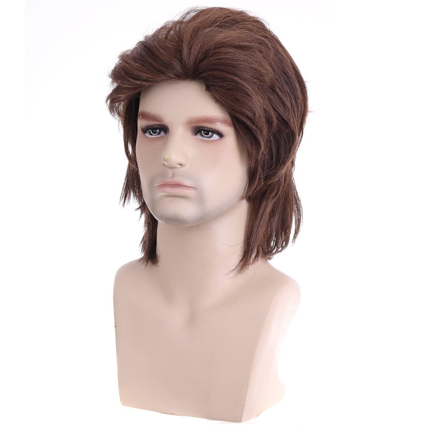 image80s Brown Male Wig Mens Mullet Punk Rocker Light Brown Curly Wig Cosplay Halloween Synthetic HairLight Brown