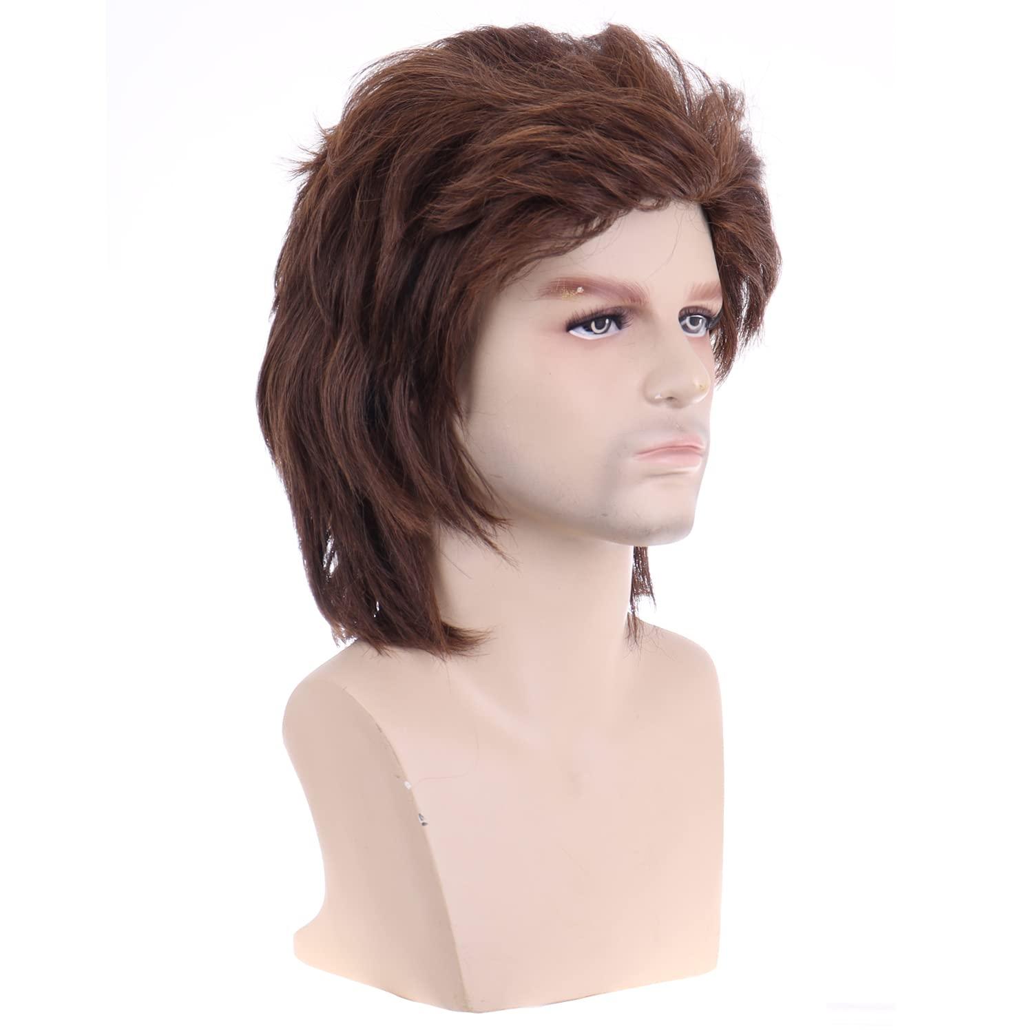 image80s Brown Male Wig Mens Mullet Punk Rocker Light Brown Curly Wig Cosplay Halloween Synthetic HairLight Brown