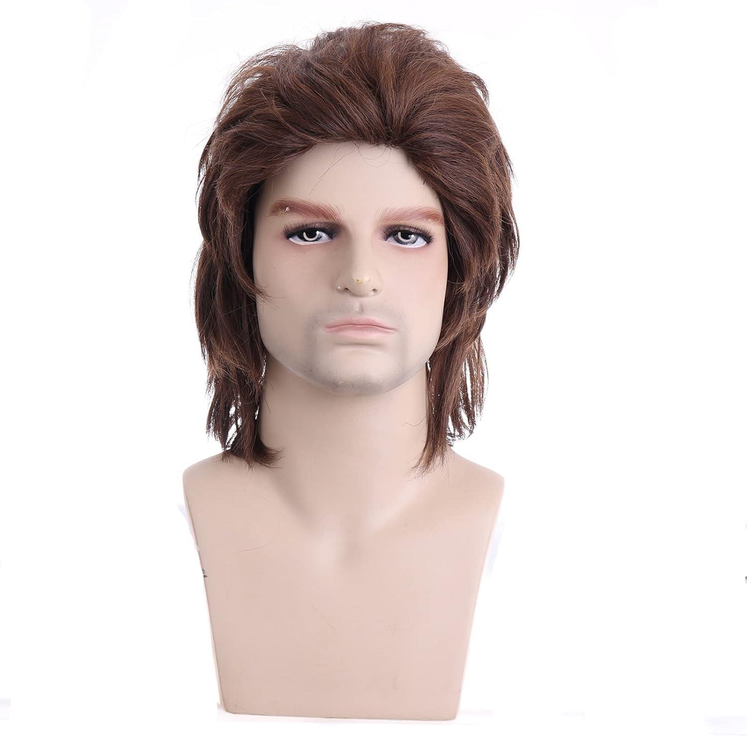 image80s Brown Male Wig Mens Mullet Punk Rocker Light Brown Curly Wig Cosplay Halloween Synthetic HairLight Brown
