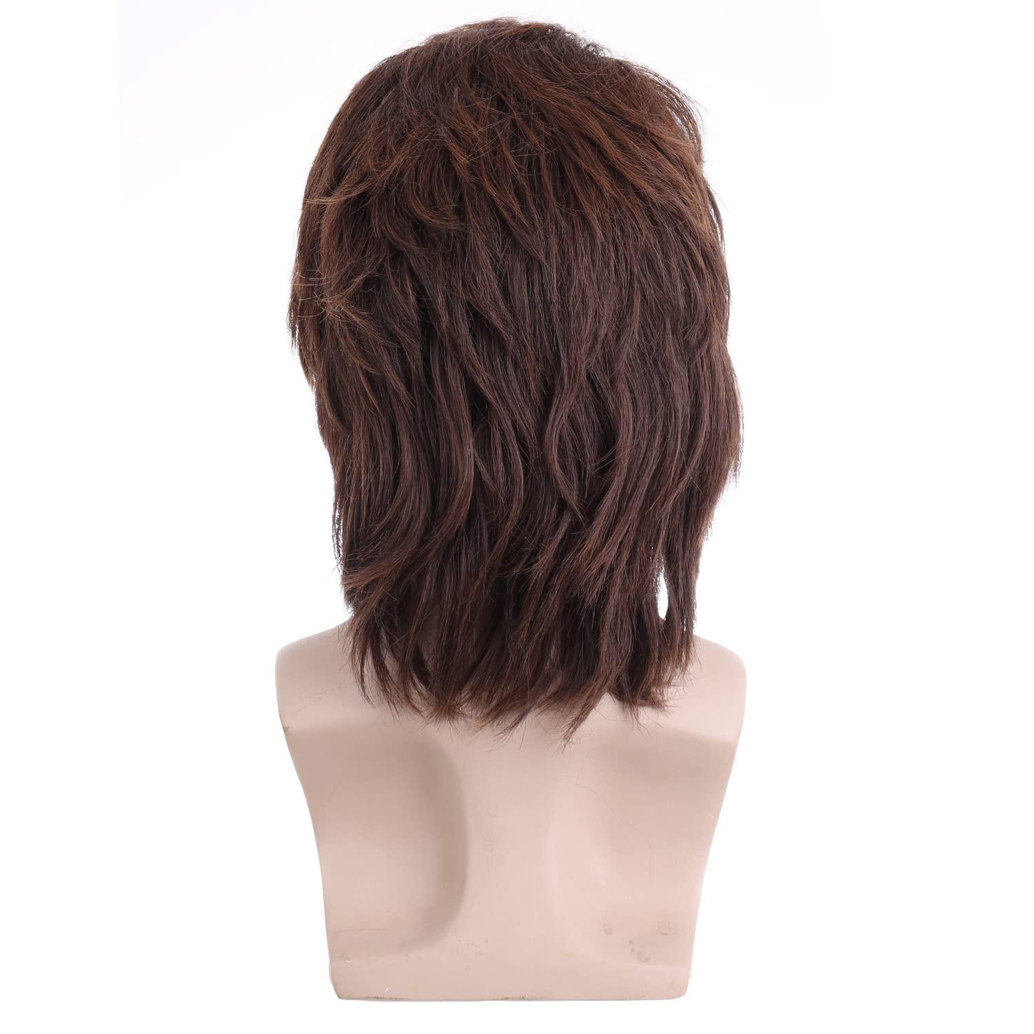 image80s Brown Male Wig Mens Mullet Punk Rocker Light Brown Curly Wig Cosplay Halloween Synthetic HairLight Brown