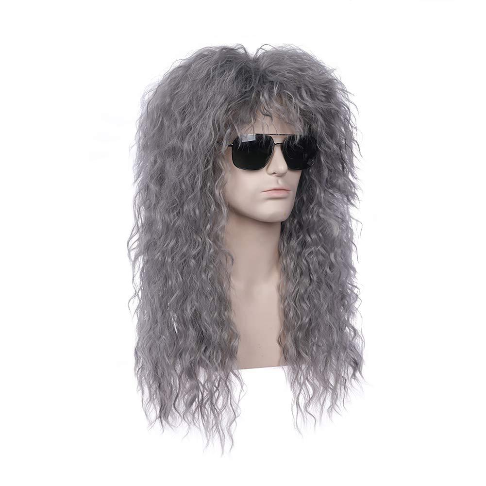 imageBlack 80s Men Wig 70s Heavy MetalMullet Rocker Wig for Men Women Cosplay Party UseDark Gray