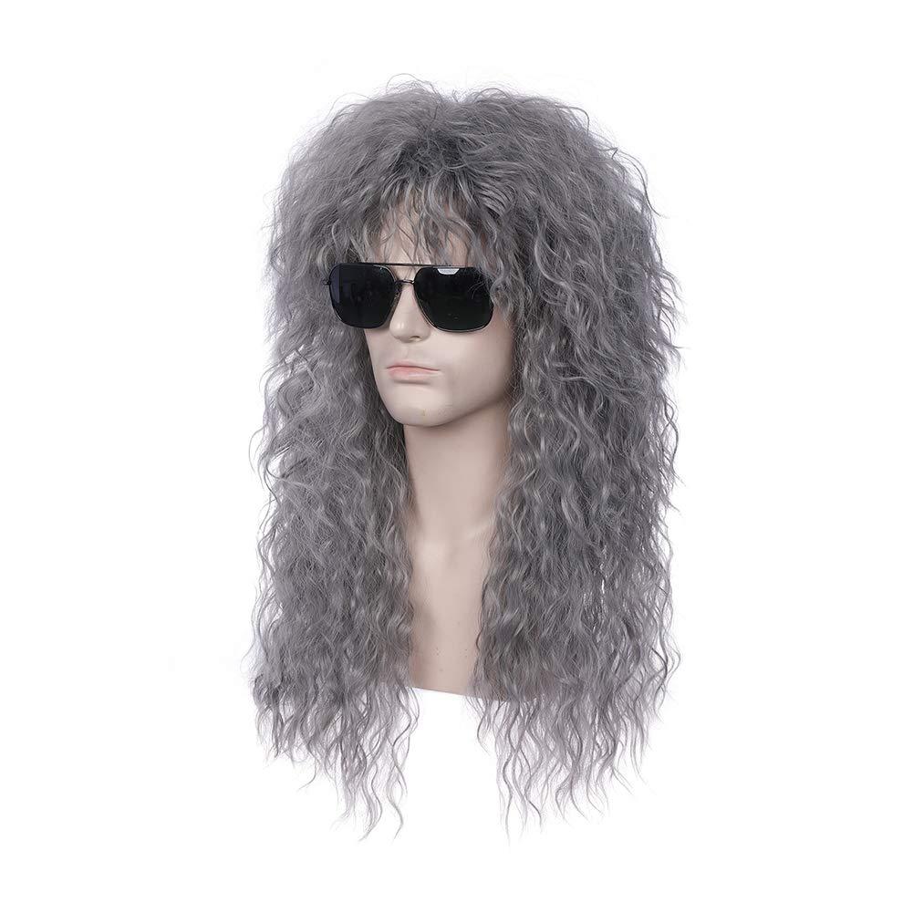 imageBlack 80s Men Wig 70s Heavy MetalMullet Rocker Wig for Men Women Cosplay Party UseDark Gray