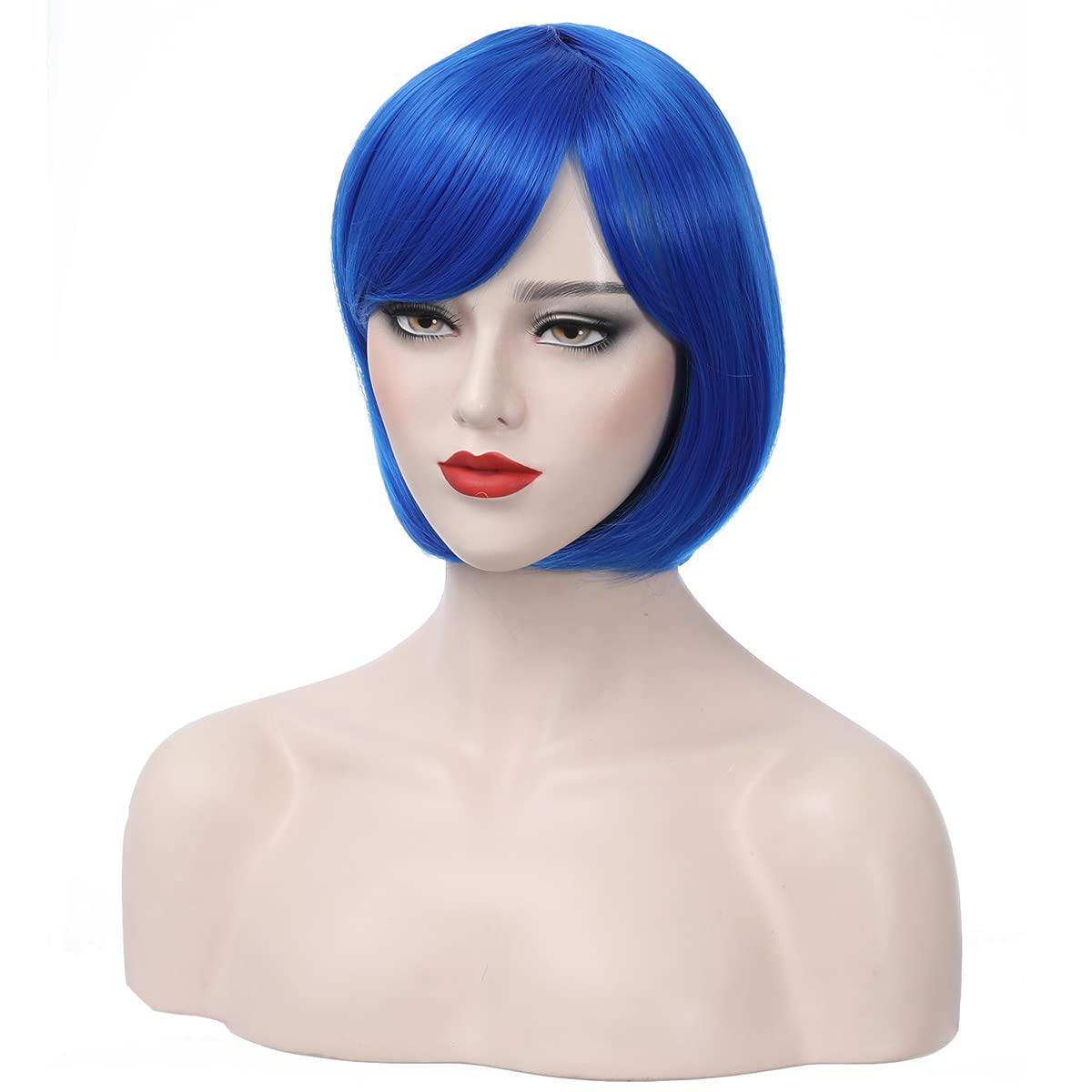 imageBlack White Bob Wig Short Straight Wig with Bangs Two Color Bob Wig for Women and Girls Synthetic Wig Black WhiteRoyal Blue