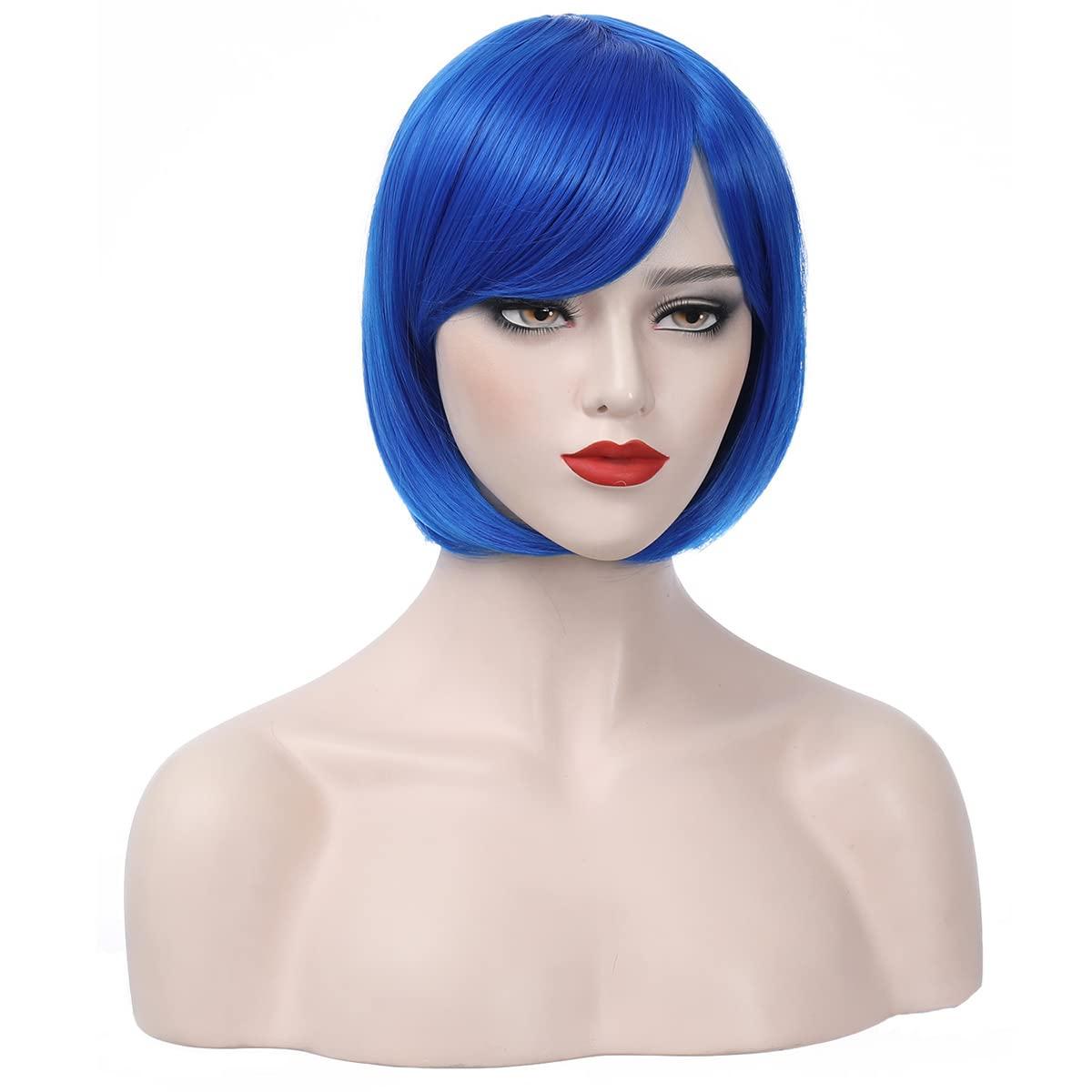 imageBlack White Bob Wig Short Straight Wig with Bangs Two Color Bob Wig for Women and Girls Synthetic Wig Black WhiteRoyal Blue