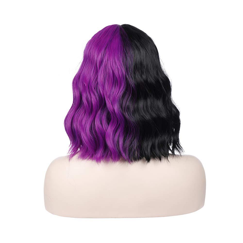 imageBlack and Blonde Wig Two Tone Short Curly Black Blonde Wig With Bangs Split Wigs for Women Heat Resistant Synthetic Hair Two Color Cosplay Party Wigs Half Blonde Half BlackPurple and Black