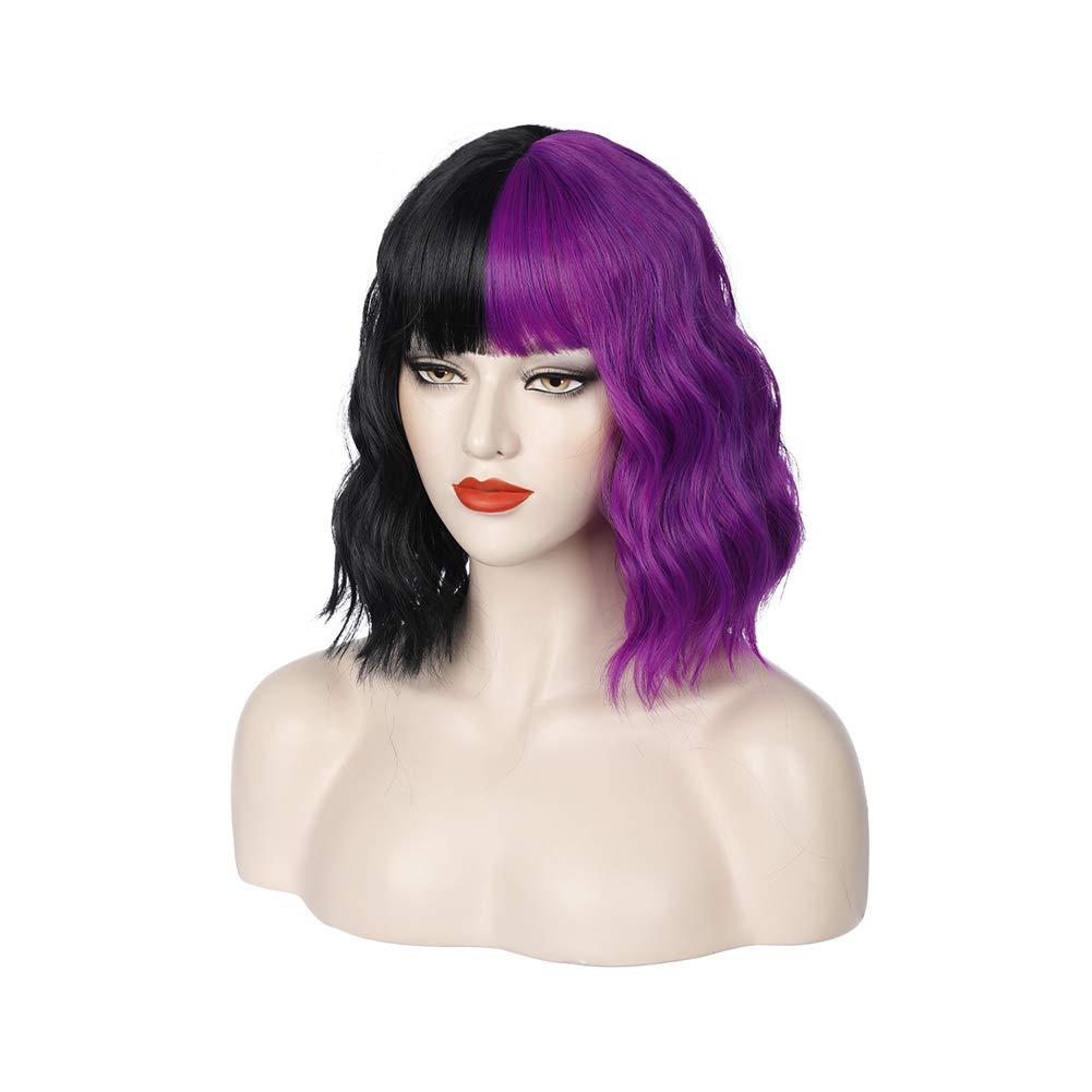 imageBlack and Blonde Wig Two Tone Short Curly Black Blonde Wig With Bangs Split Wigs for Women Heat Resistant Synthetic Hair Two Color Cosplay Party Wigs Half Blonde Half BlackPurple and Black