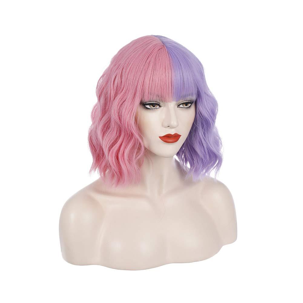 imageBlack and Blonde Wig Two Tone Short Curly Black Blonde Wig With Bangs Split Wigs for Women Heat Resistant Synthetic Hair Two Color Cosplay Party Wigs Half Blonde Half BlackPink and Purple