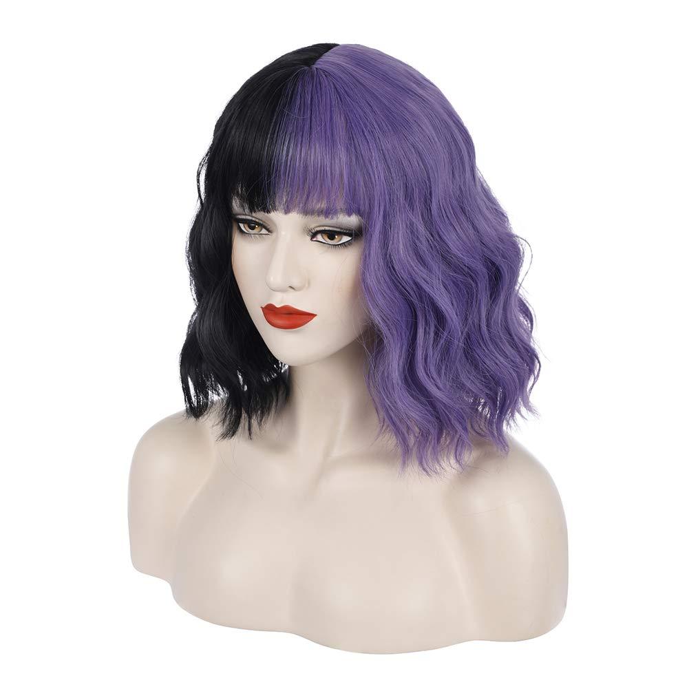 imageBlack and Blonde Wig Two Tone Short Curly Black Blonde Wig With Bangs Split Wigs for Women Heat Resistant Synthetic Hair Two Color Cosplay Party Wigs Half Blonde Half BlackBlack and Purple