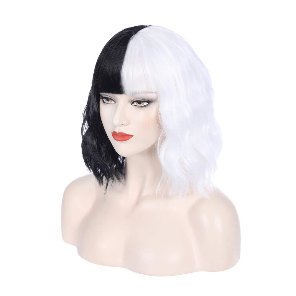 imageBlack and Blonde Wig Two Tone Short Curly Black Blonde Wig With Bangs Split Wigs for Women Heat Resistant Synthetic Hair Two Color Cosplay Party Wigs Half Blonde Half BlackBlack and White