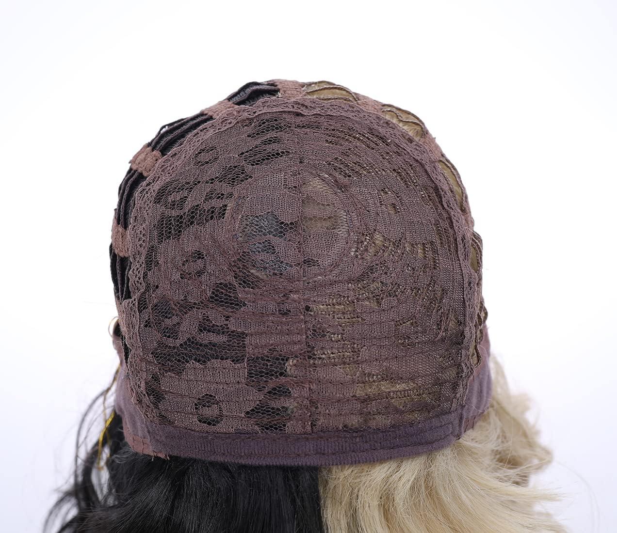 imageBlack and Blonde Wig Two Tone Short Curly Black Blonde Wig With Bangs Split Wigs for Women Heat Resistant Synthetic Hair Two Color Cosplay Party Wigs Half Blonde Half BlackHalf Blonde Half Black