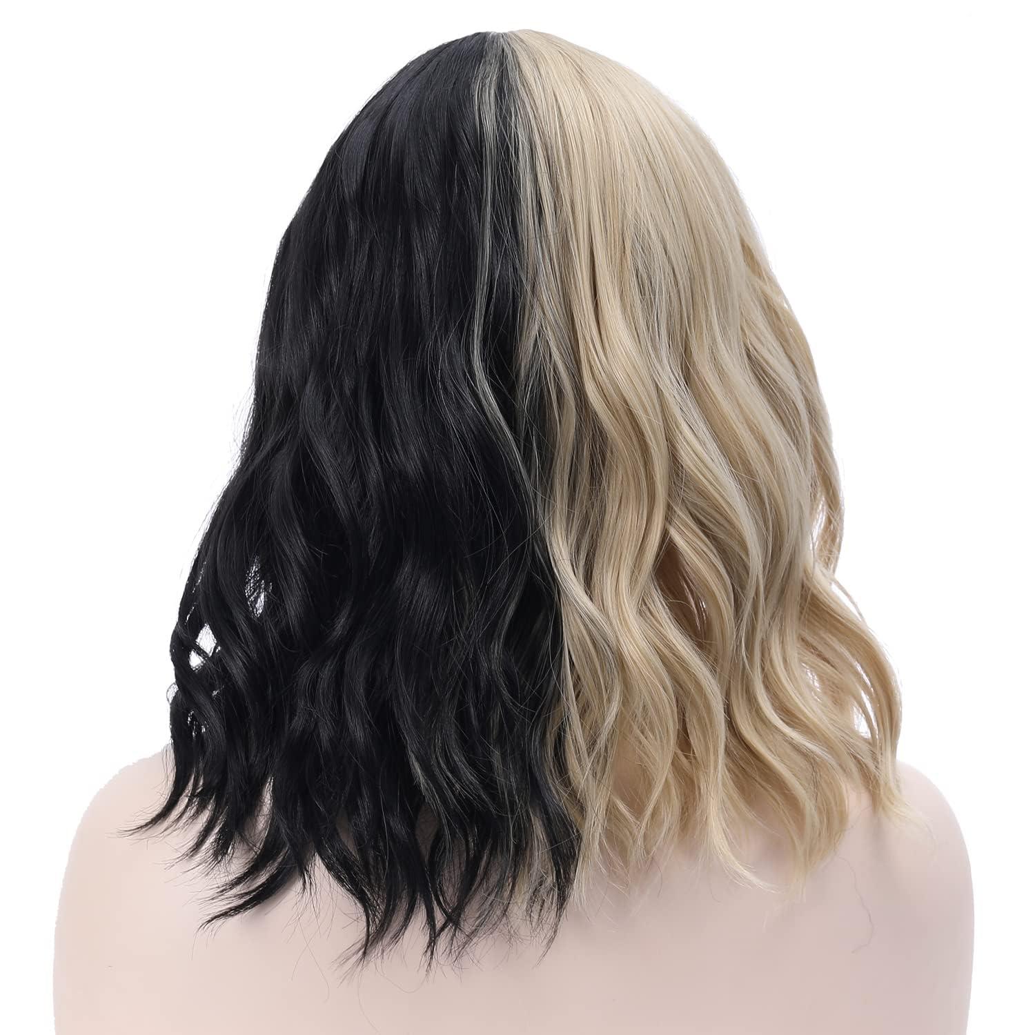 imageBlack and Blonde Wig Two Tone Short Curly Black Blonde Wig With Bangs Split Wigs for Women Heat Resistant Synthetic Hair Two Color Cosplay Party Wigs Half Blonde Half BlackHalf Blonde Half Black