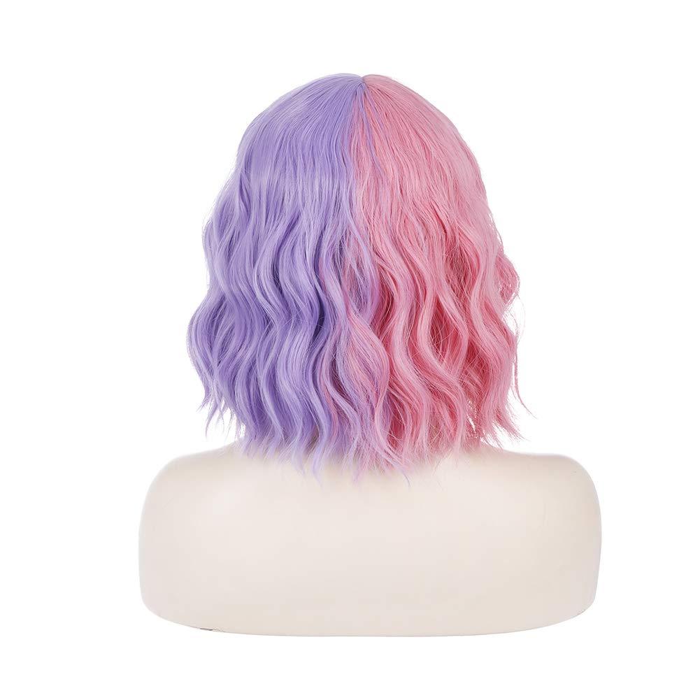 imageBlack and Blonde Wig Two Tone Short Curly Black Blonde Wig With Bangs Split Wigs for Women Heat Resistant Synthetic Hair Two Color Cosplay Party Wigs Half Blonde Half BlackPink and Purple