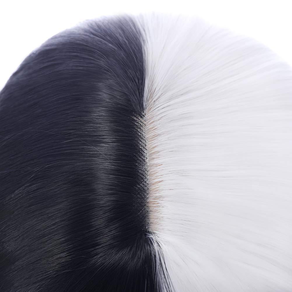 imageBlack and Blonde Wig Two Tone Short Curly Black Blonde Wig With Bangs Split Wigs for Women Heat Resistant Synthetic Hair Two Color Cosplay Party Wigs Half Blonde Half BlackBlack and White