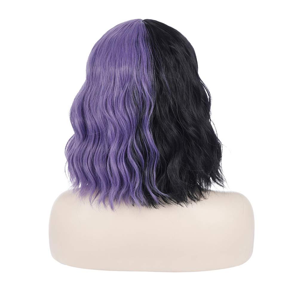 imageBlack and Blonde Wig Two Tone Short Curly Black Blonde Wig With Bangs Split Wigs for Women Heat Resistant Synthetic Hair Two Color Cosplay Party Wigs Half Blonde Half BlackBlack and Purple