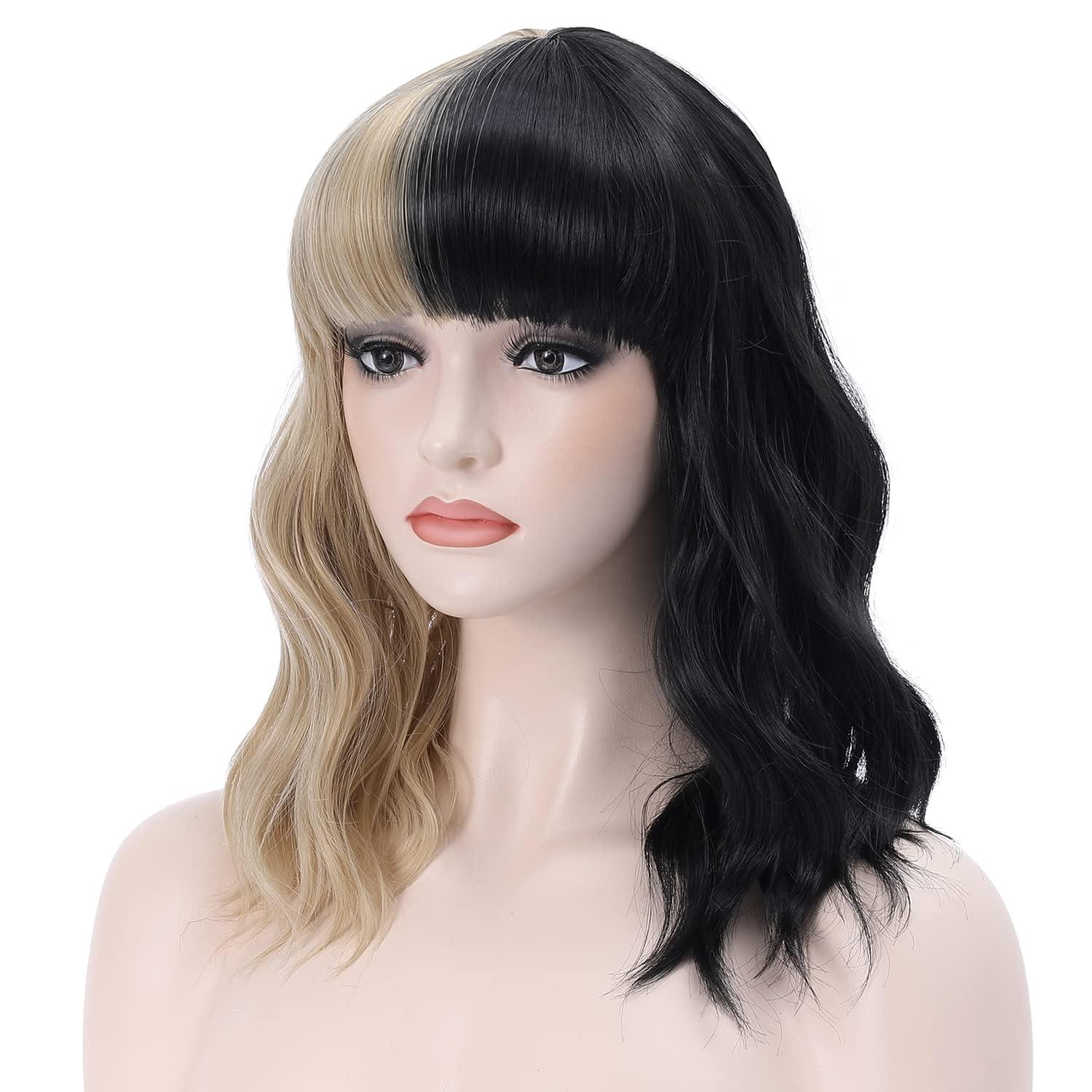 imageBlack and Blonde Wig Two Tone Short Curly Black Blonde Wig With Bangs Split Wigs for Women Heat Resistant Synthetic Hair Two Color Cosplay Party Wigs Half Blonde Half BlackHalf Blonde Half Black