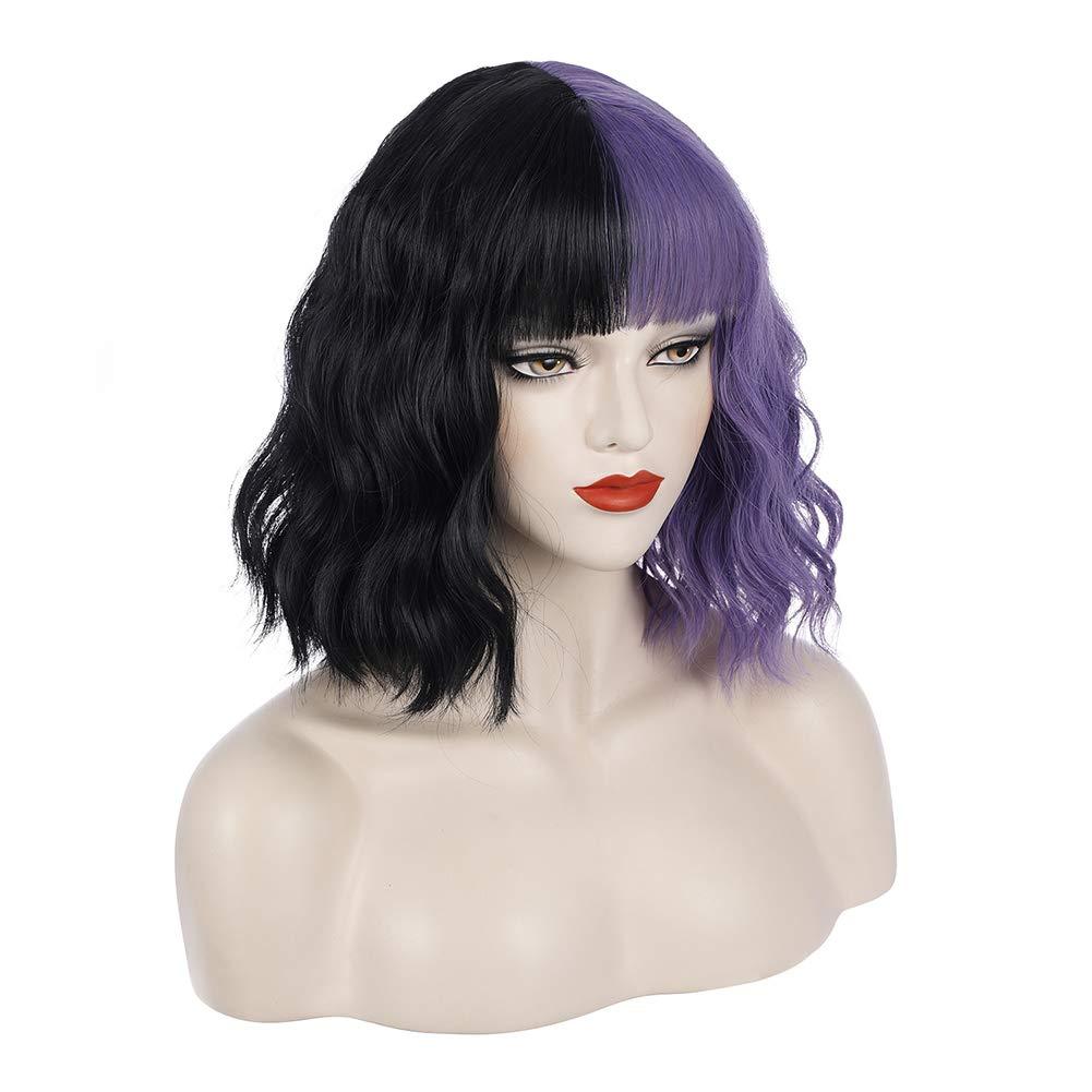 imageBlack and Blonde Wig Two Tone Short Curly Black Blonde Wig With Bangs Split Wigs for Women Heat Resistant Synthetic Hair Two Color Cosplay Party Wigs Half Blonde Half BlackBlack and Purple