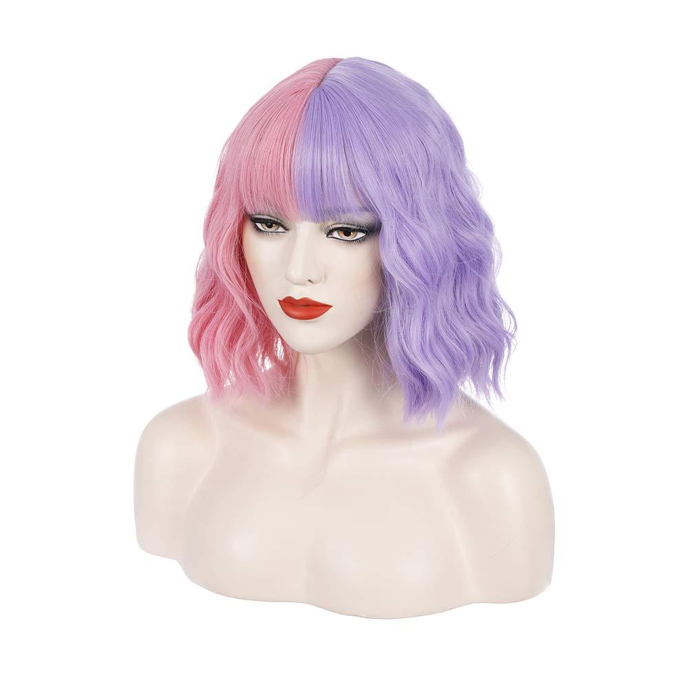 imageBlack and Blonde Wig Two Tone Short Curly Black Blonde Wig With Bangs Split Wigs for Women Heat Resistant Synthetic Hair Two Color Cosplay Party Wigs Half Blonde Half BlackPink and Purple