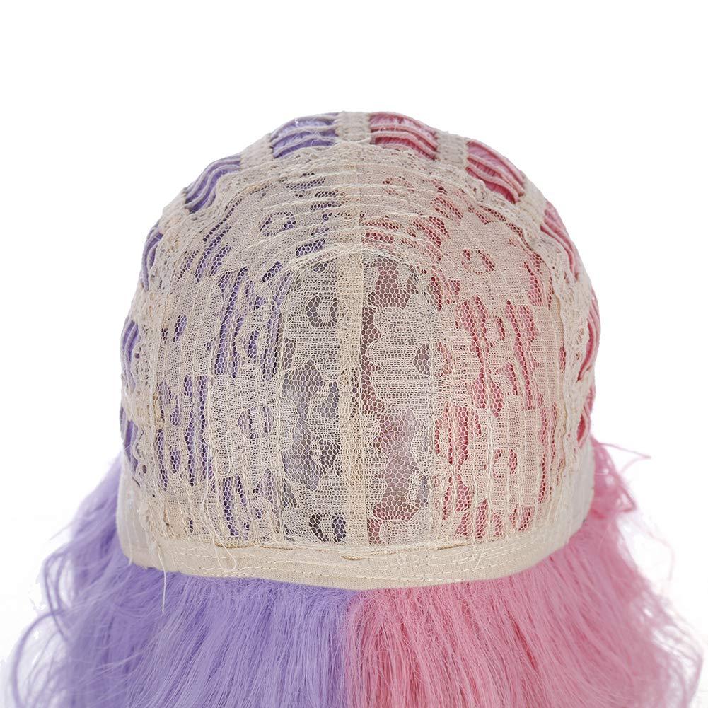 imageBlack and Blonde Wig Two Tone Short Curly Black Blonde Wig With Bangs Split Wigs for Women Heat Resistant Synthetic Hair Two Color Cosplay Party Wigs Half Blonde Half BlackPink and Purple