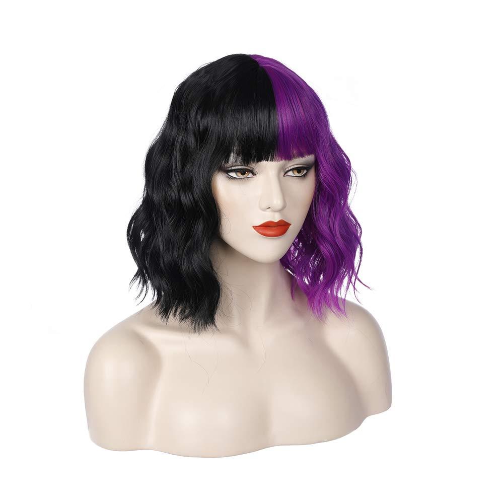 imageBlack and Blonde Wig Two Tone Short Curly Black Blonde Wig With Bangs Split Wigs for Women Heat Resistant Synthetic Hair Two Color Cosplay Party Wigs Half Blonde Half BlackPurple and Black
