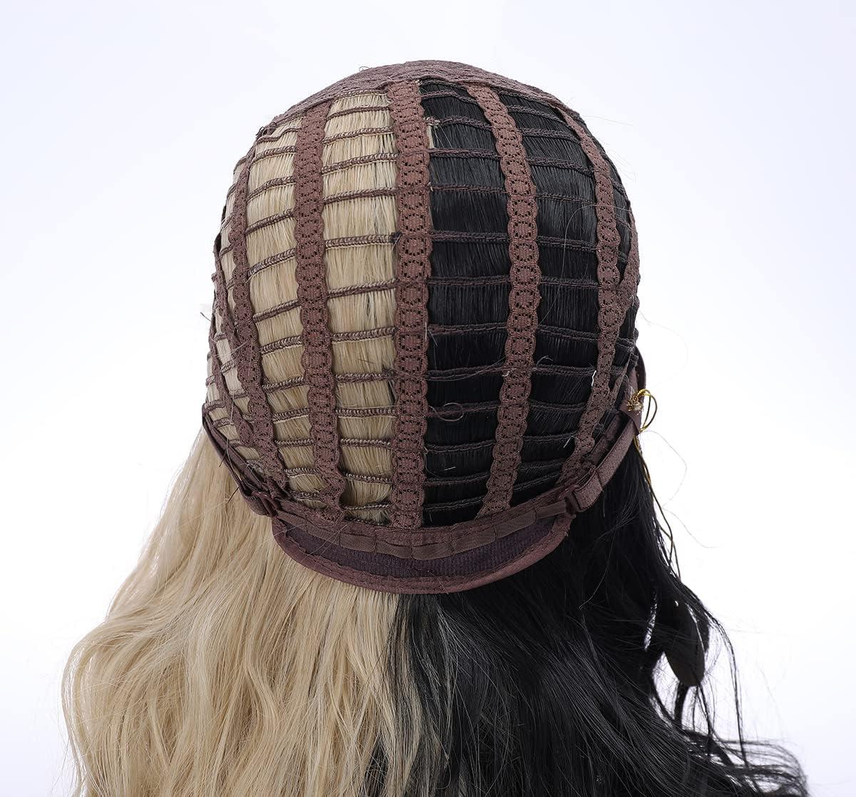 imageBlack and Blonde Wig Two Tone Short Curly Black Blonde Wig With Bangs Split Wigs for Women Heat Resistant Synthetic Hair Two Color Cosplay Party Wigs Half Blonde Half BlackHalf Blonde Half Black