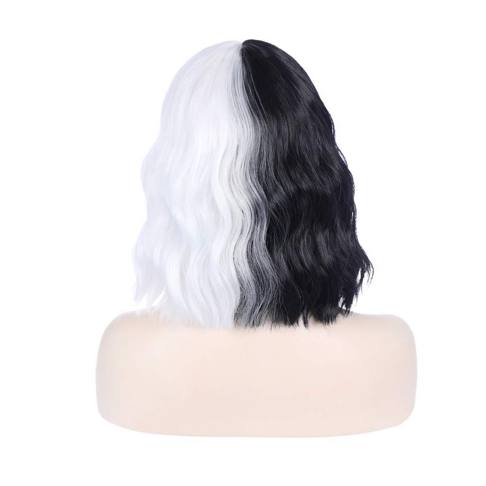 imageBlack and Blonde Wig Two Tone Short Curly Black Blonde Wig With Bangs Split Wigs for Women Heat Resistant Synthetic Hair Two Color Cosplay Party Wigs Half Blonde Half BlackBlack and White