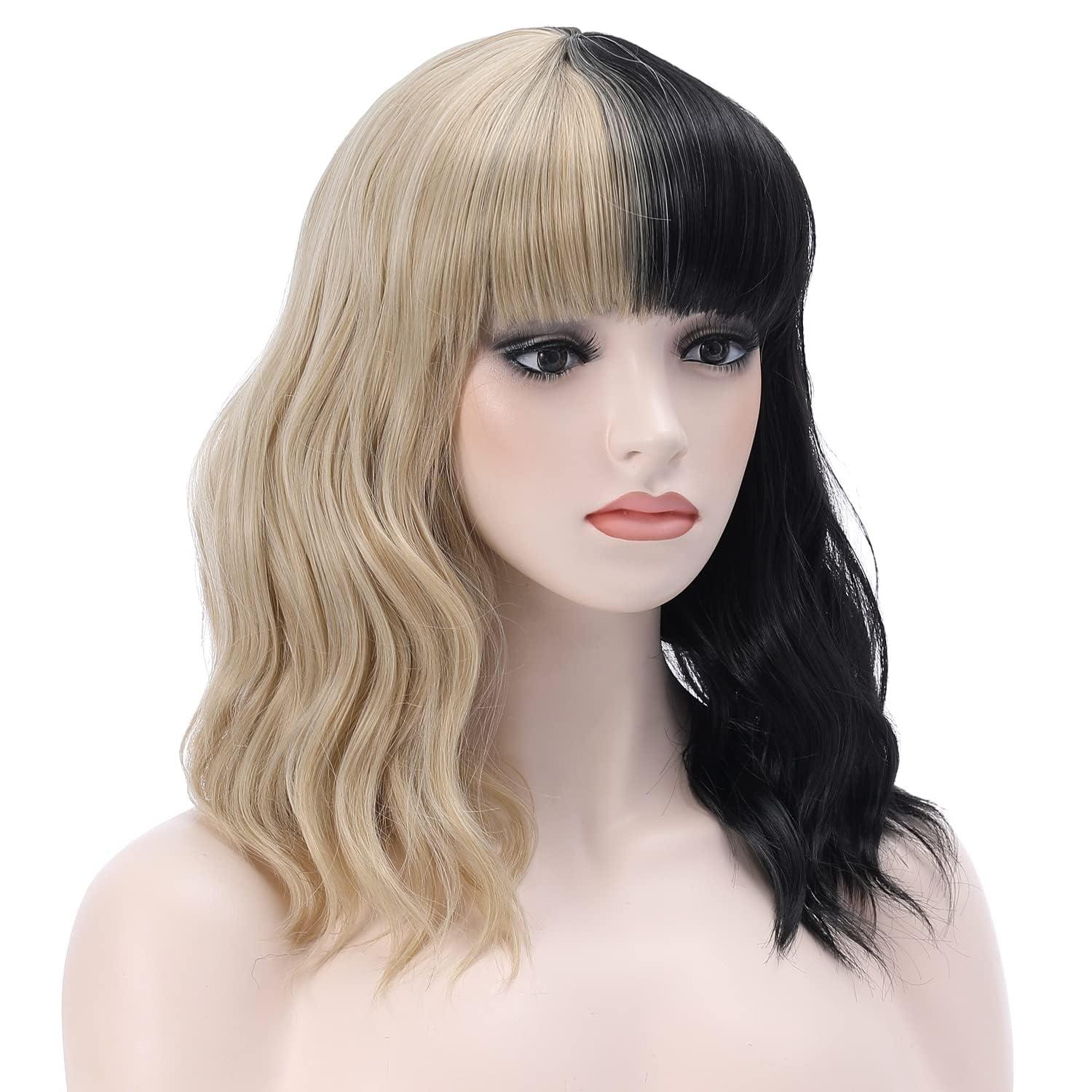 imageBlack and Blonde Wig Two Tone Short Curly Black Blonde Wig With Bangs Split Wigs for Women Heat Resistant Synthetic Hair Two Color Cosplay Party Wigs Half Blonde Half BlackHalf Blonde Half Black