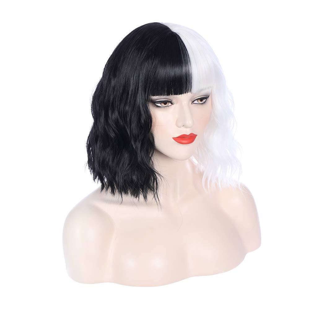 imageBlack and Blonde Wig Two Tone Short Curly Black Blonde Wig With Bangs Split Wigs for Women Heat Resistant Synthetic Hair Two Color Cosplay Party Wigs Half Blonde Half BlackBlack and White