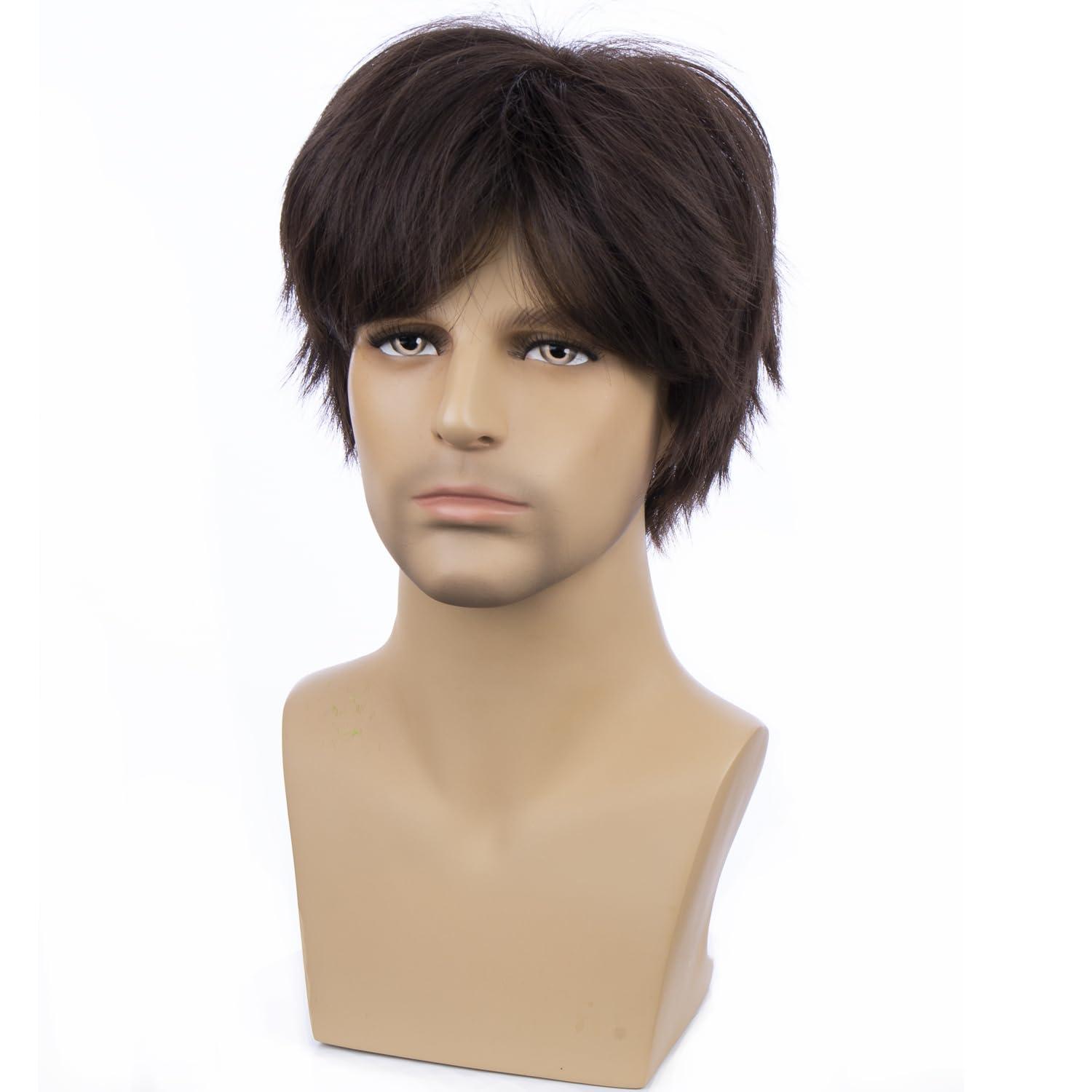 imageBlonde Mens Wigs Short Straight Layer Wigs for Men Male Blonde Short Wig Natural Synthetic Hair Wig Cosplay Party Costume WigBrown