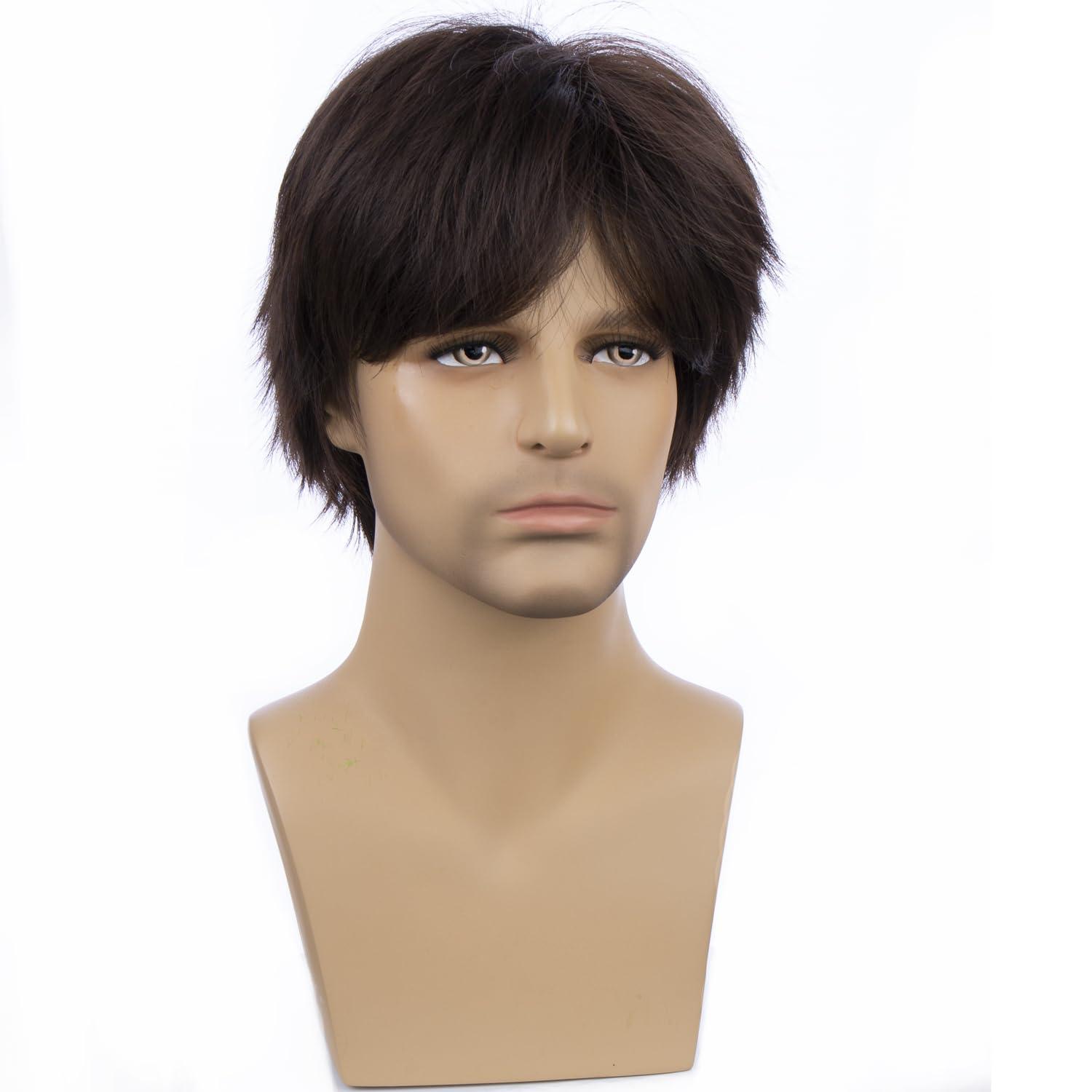 imageBlonde Mens Wigs Short Straight Layer Wigs for Men Male Blonde Short Wig Natural Synthetic Hair Wig Cosplay Party Costume WigBrown