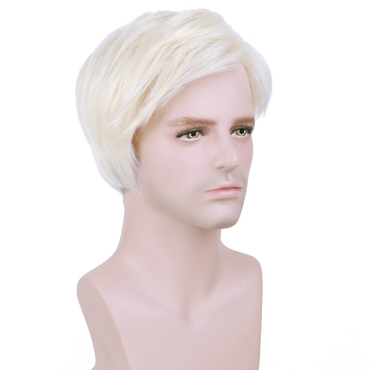 imageBlonde Mens Wigs Short Straight Layer Wigs for Men Male Blonde Short Wig Natural Synthetic Hair Wig Cosplay Party Costume WigLight Blonde