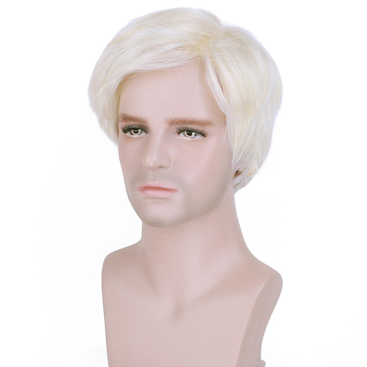 imageBlonde Mens Wigs Short Straight Layer Wigs for Men Male Blonde Short Wig Natural Synthetic Hair Wig Cosplay Party Costume WigLight Blonde
