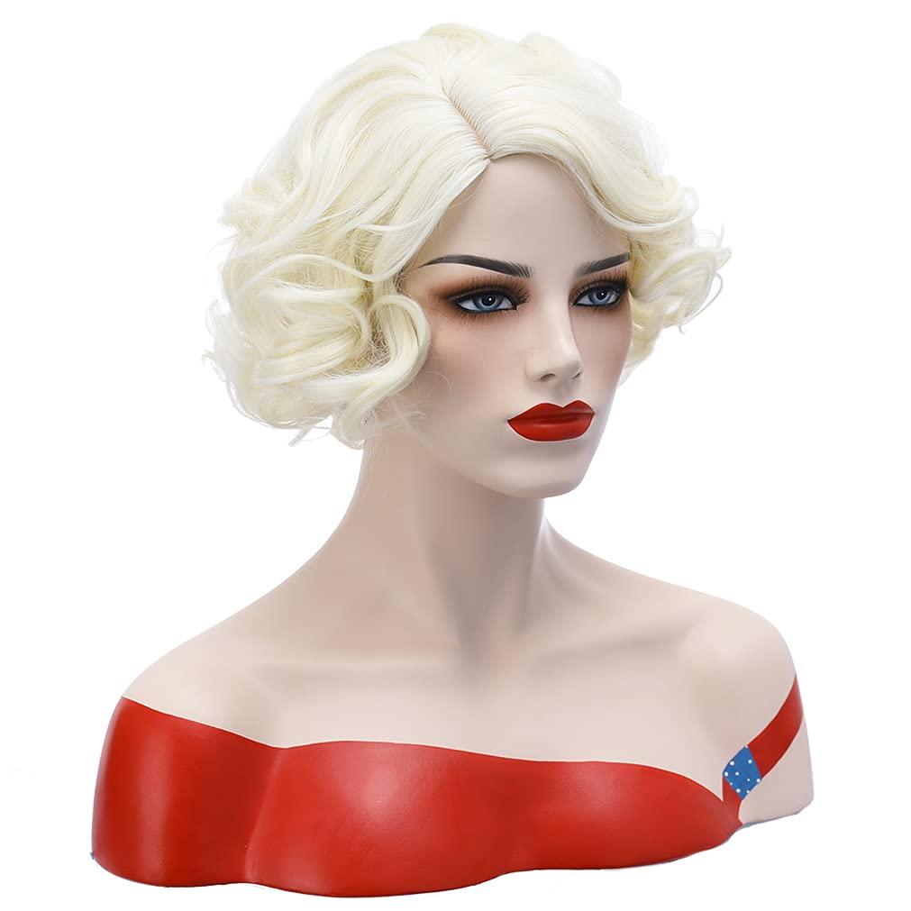 imageBlonde Wig Short Curly Blonde Wig for Women and Girls Natural Wavy Heat Resistant Synthetic Hair Halloween Cosplay Party Costume Daily Wig Platinum BlondePlatinum Blonde