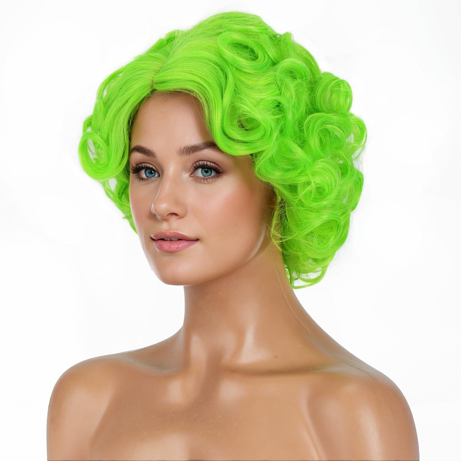 imageBlonde Wig Short Curly Blonde Wig for Women and Girls Natural Wavy Heat Resistant Synthetic Hair Halloween Cosplay Party Costume Daily Wig Platinum BlondeLime Green
