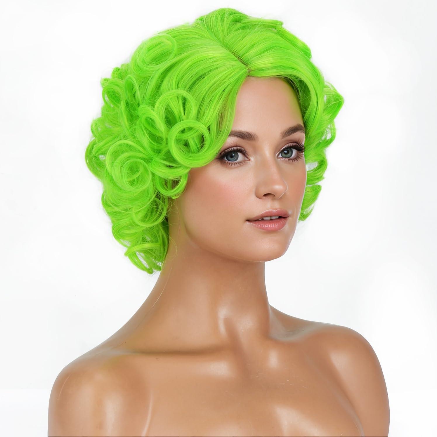 imageBlonde Wig Short Curly Blonde Wig for Women and Girls Natural Wavy Heat Resistant Synthetic Hair Halloween Cosplay Party Costume Daily Wig Platinum BlondeLime Green