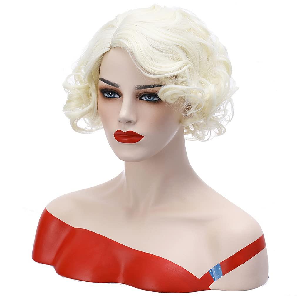 imageBlonde Wig Short Curly Blonde Wig for Women and Girls Natural Wavy Heat Resistant Synthetic Hair Halloween Cosplay Party Costume Daily Wig Platinum BlondePlatinum Blonde
