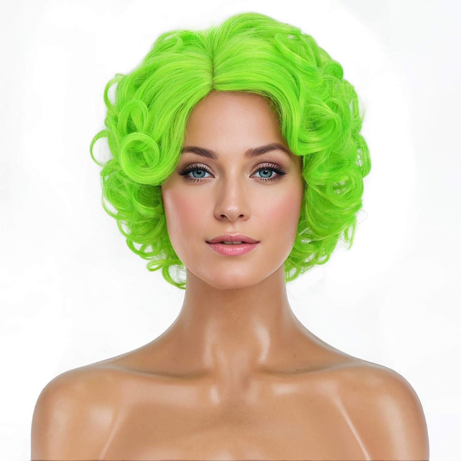 imageBlonde Wig Short Curly Blonde Wig for Women and Girls Natural Wavy Heat Resistant Synthetic Hair Halloween Cosplay Party Costume Daily Wig Platinum BlondeLime Green