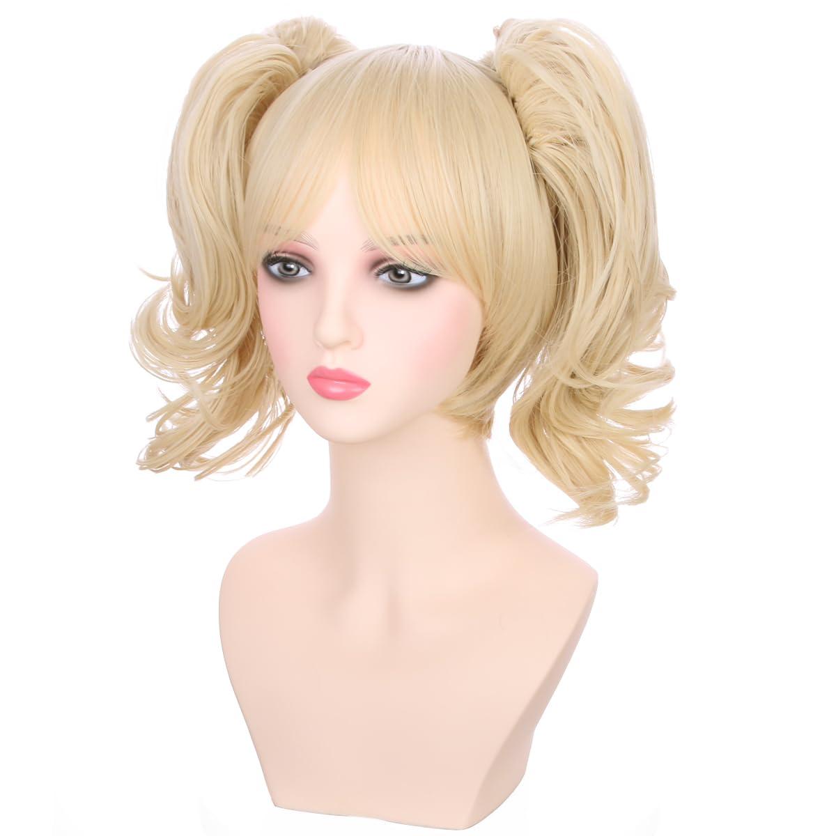 imageBlonde Wig for Kids Girls Short Blonde Ponytail Wig for Child Include 2 Detachable Buns with Clips Synthetic Cosplay Costume WigsBlonde