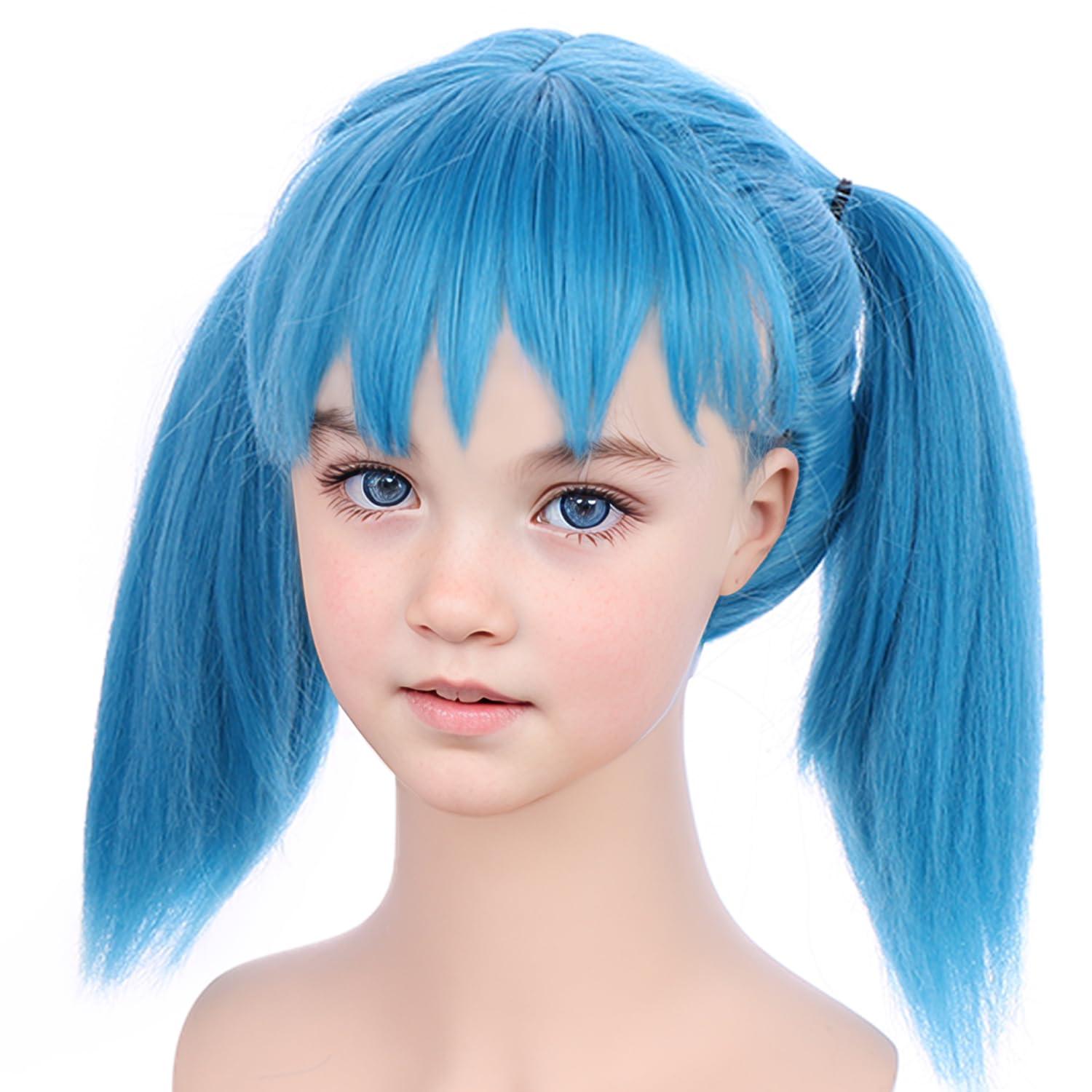 imageBlonde Wig for Kids Girls Short Blonde Ponytail Wig for Child Include 2 Detachable Buns with Clips Synthetic Cosplay Costume WigsBlue