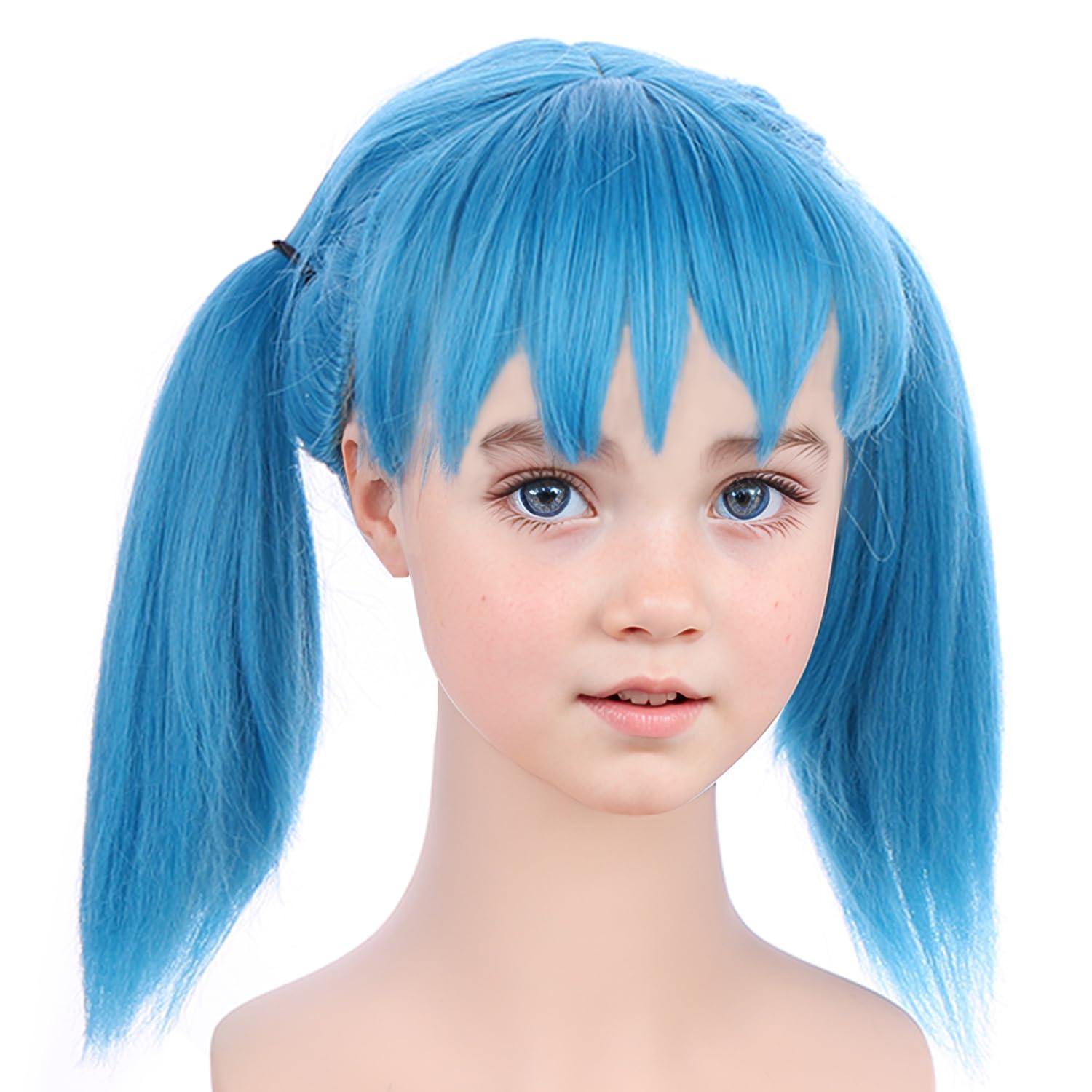 imageBlonde Wig for Kids Girls Short Blonde Ponytail Wig for Child Include 2 Detachable Buns with Clips Synthetic Cosplay Costume WigsBlue